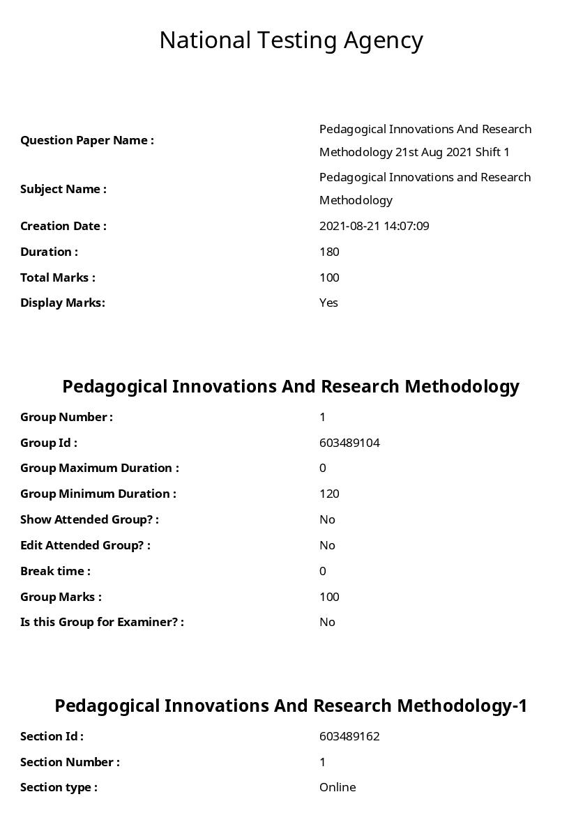 ARPIT 2021 Question Paper for Pedagogical Innovations And Research Methodology - Page 1 of 58