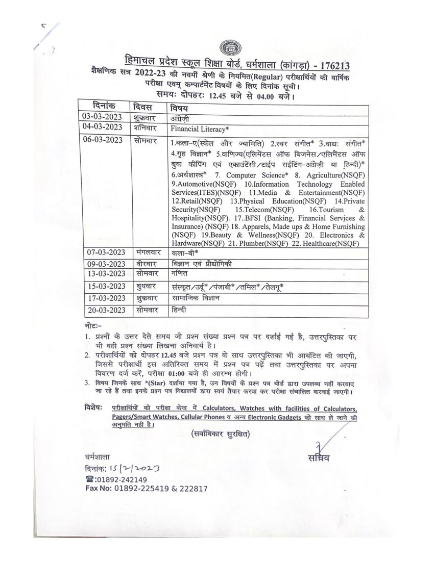 HP Board Class 9th Date Sheet 2023