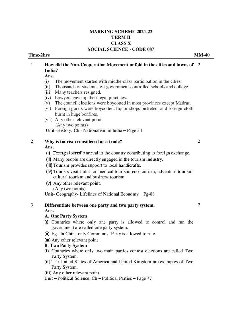CBSE Class 10 Marking Scheme 2022 for Social Science Term 2 - Page 1