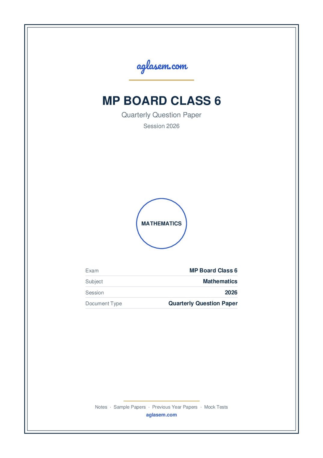 MP Board Class 6 Quarterly Question Paper 2026 Mathematics - Page 1 of 3