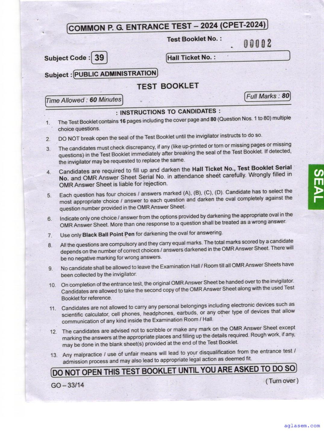 Odisha CPET 2024 Question Paper Public Administration - Page 1 of 16