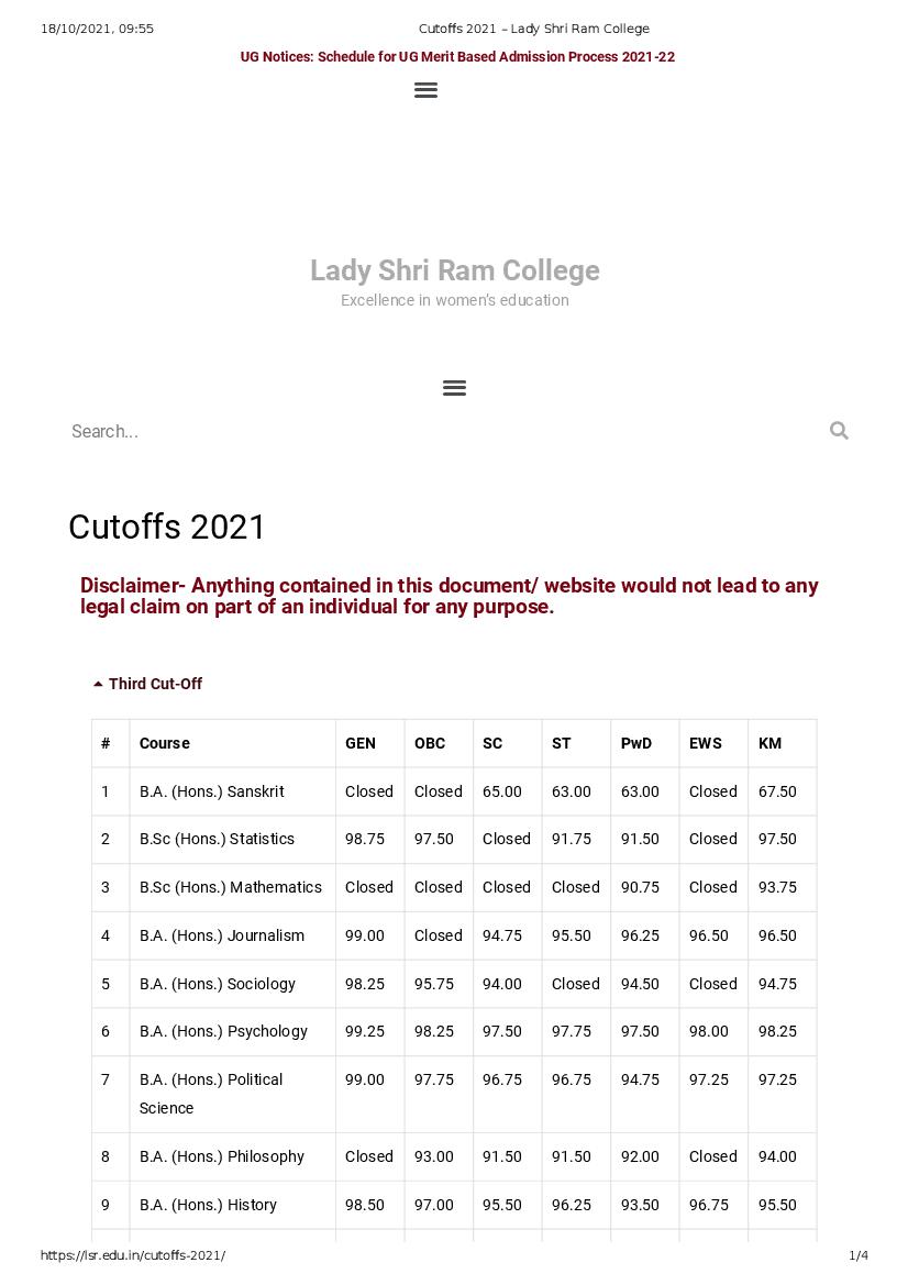 Lady Shri Ram College for Women Third Cut Off List 2021 - Page 1