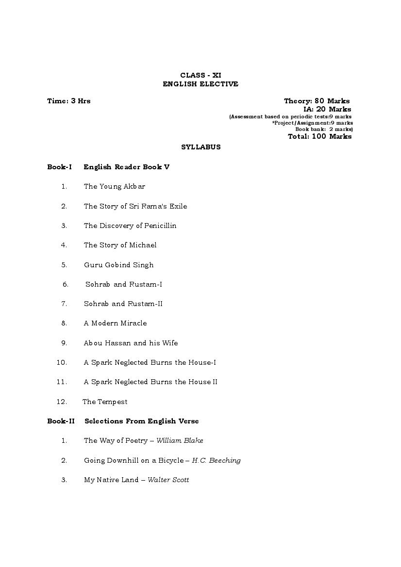 PSEB Syllabus 2021-22 for Class 11 English Elective - Page 1