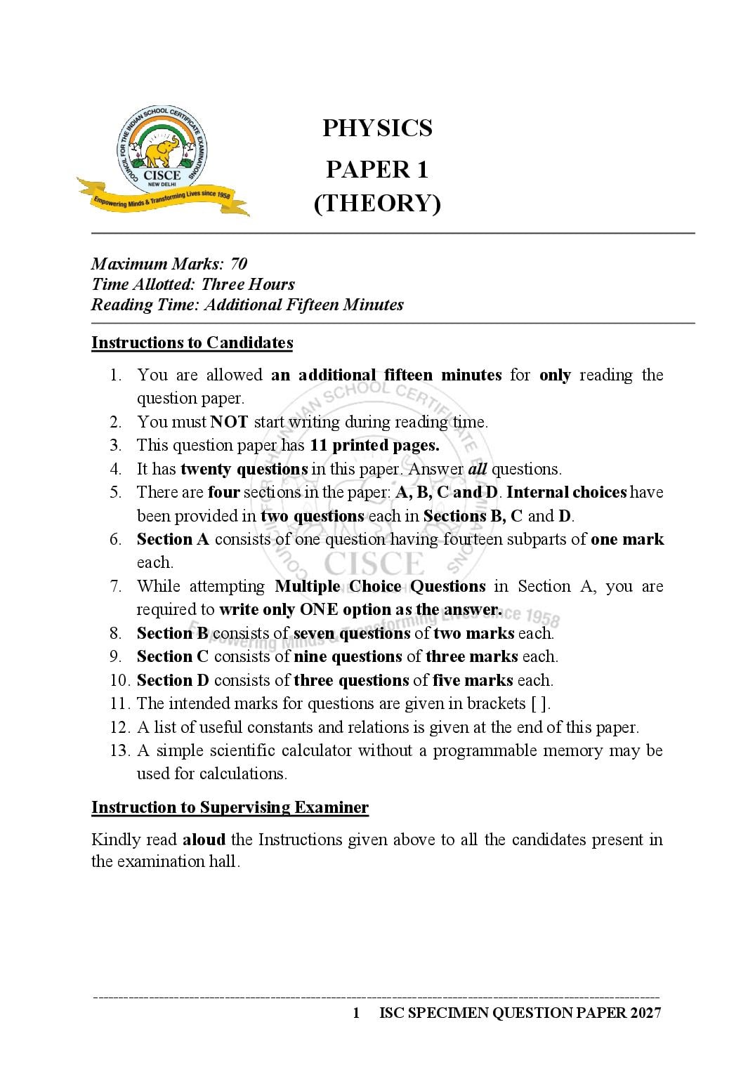 ISC Class 12 Sample Paper 2027 Physics - Page 1 of 19
