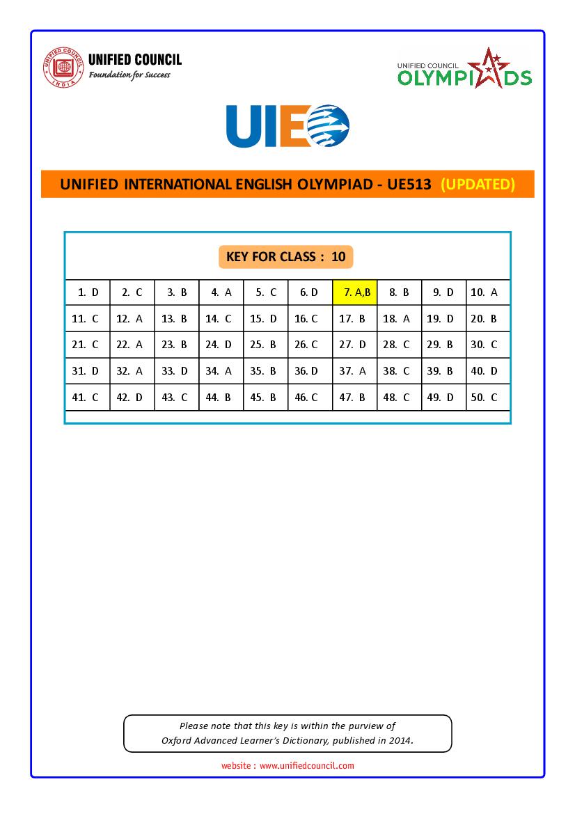 UIEO 2021 Revised Answer Key for Class 10 Code-UE513 - Page 1