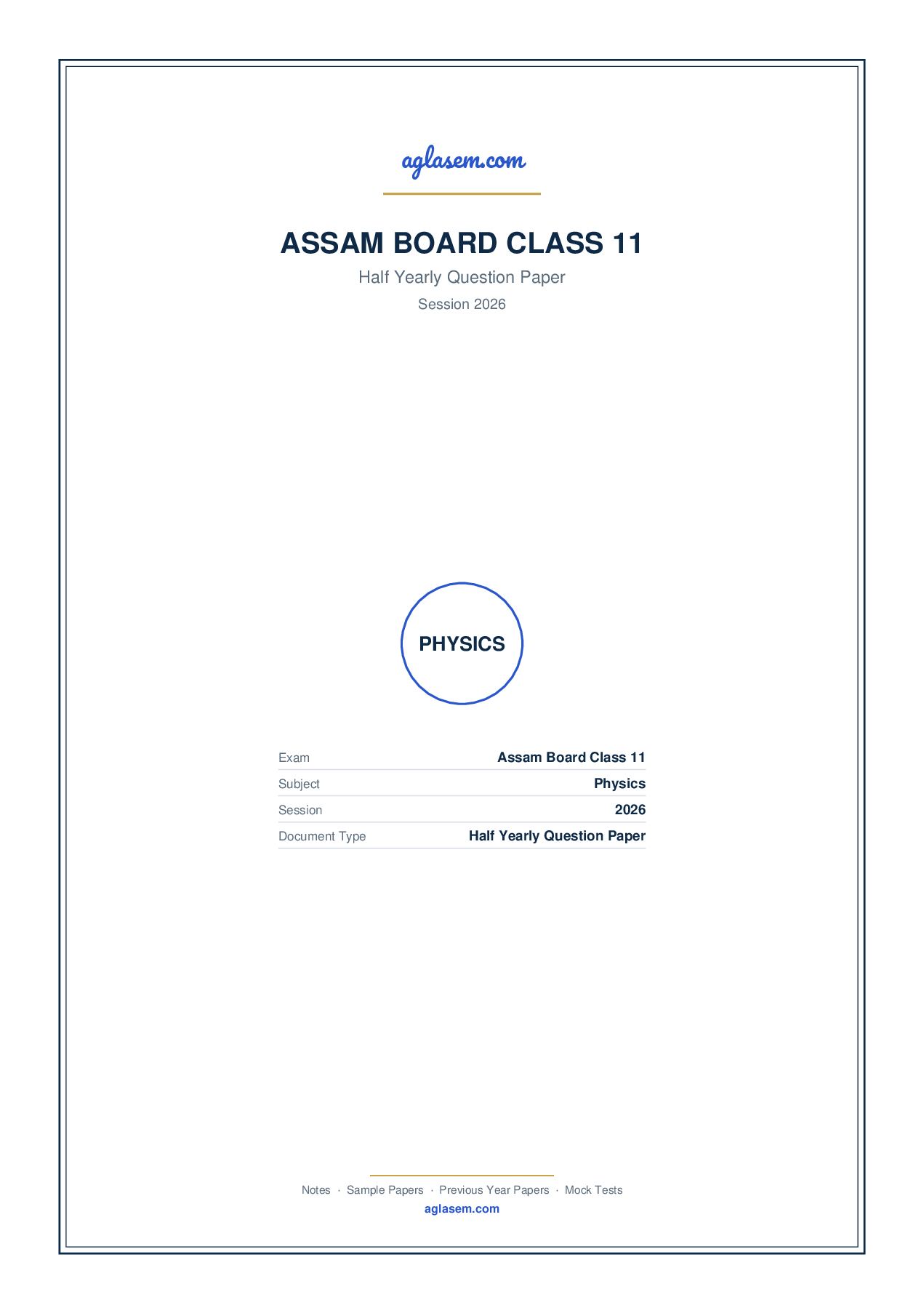 Assam Board Class 11 Half Yearly Question Paper 2026 Physics - Page 1 of 12