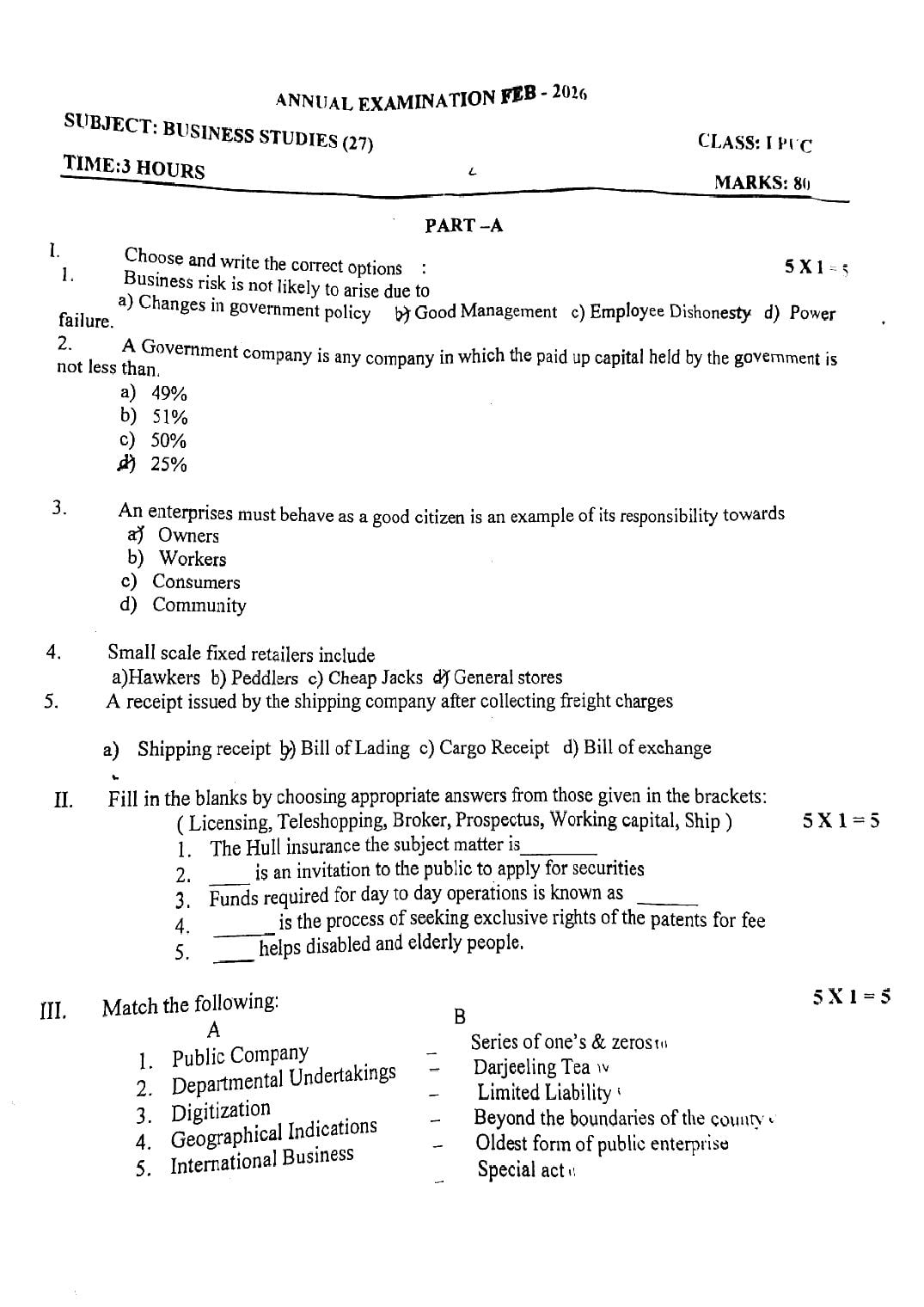 Karnataka 1st PUC Question Paper 2026 Business Studies - Page 1 of 2