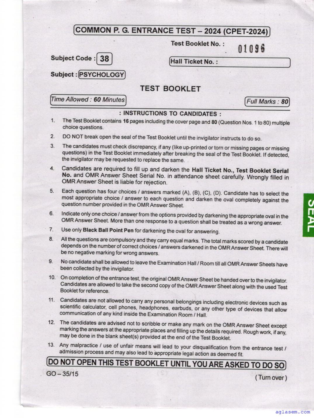 Odisha CPET 2024 Question Paper Psychology - Page 1 of 16