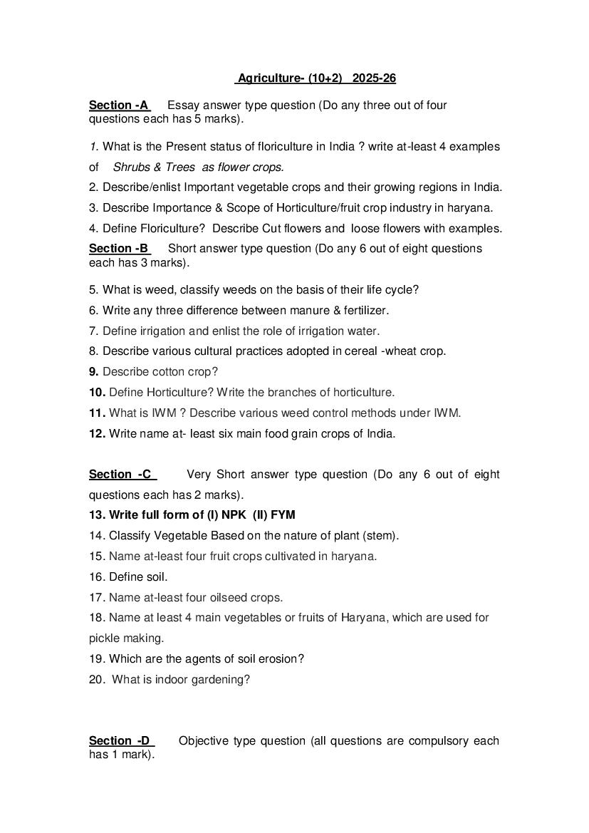 HBSE Class 12 Sample Paper 2026 Answers Agriculture - Page 1