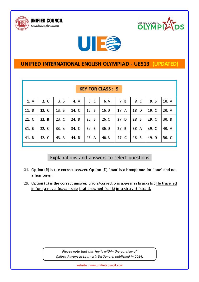 UIEO 2021 Revised Answer Key for Class 9 Code-UE513 - Page 1