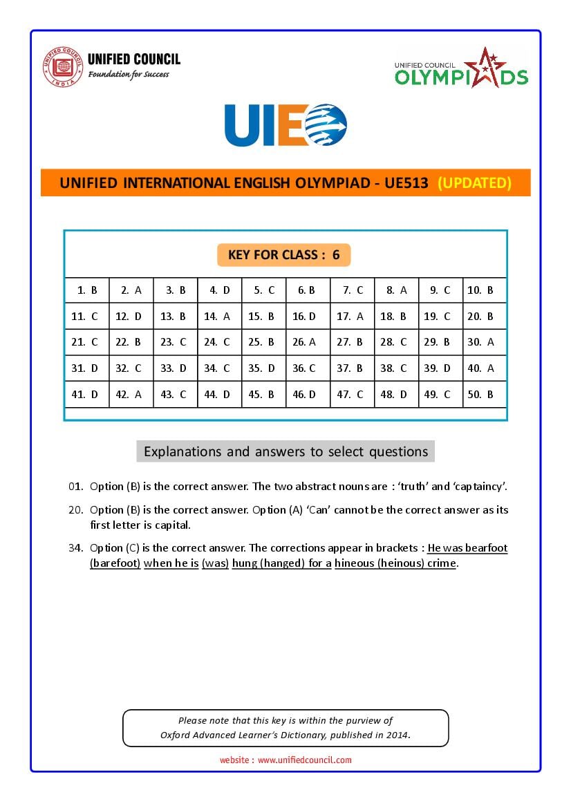 UIEO 2021 Revised Answer Key for Class 6 Code-UE513 - Page 1