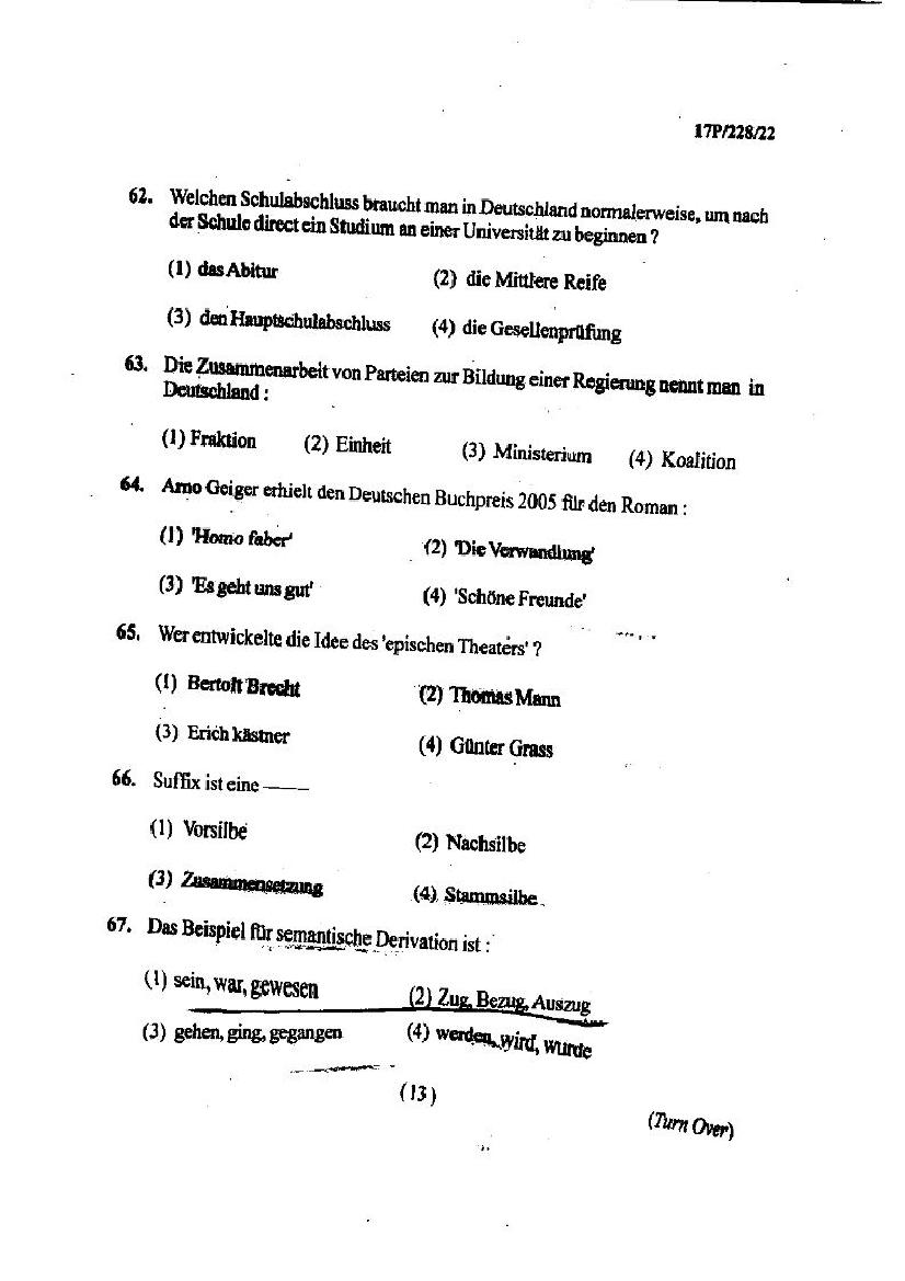 BHU PET 2017 Question Paper MA German