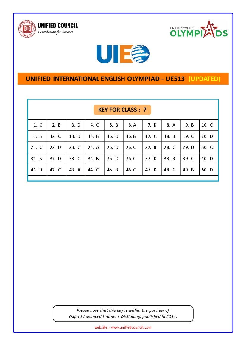 UIEO 2021 Revised Answer Key for Class 7 Code-UE513 - Page 1