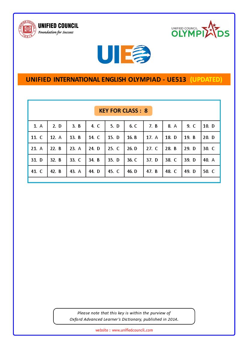 UIEO 2021 Revised Answer Key for Class 8 Code-UE513 - Page 1