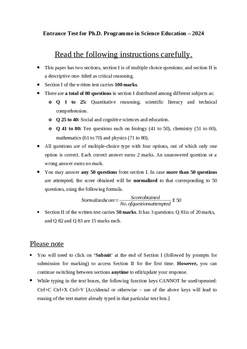 TIFR GS 2024 Question Paper Science Education - Page 1