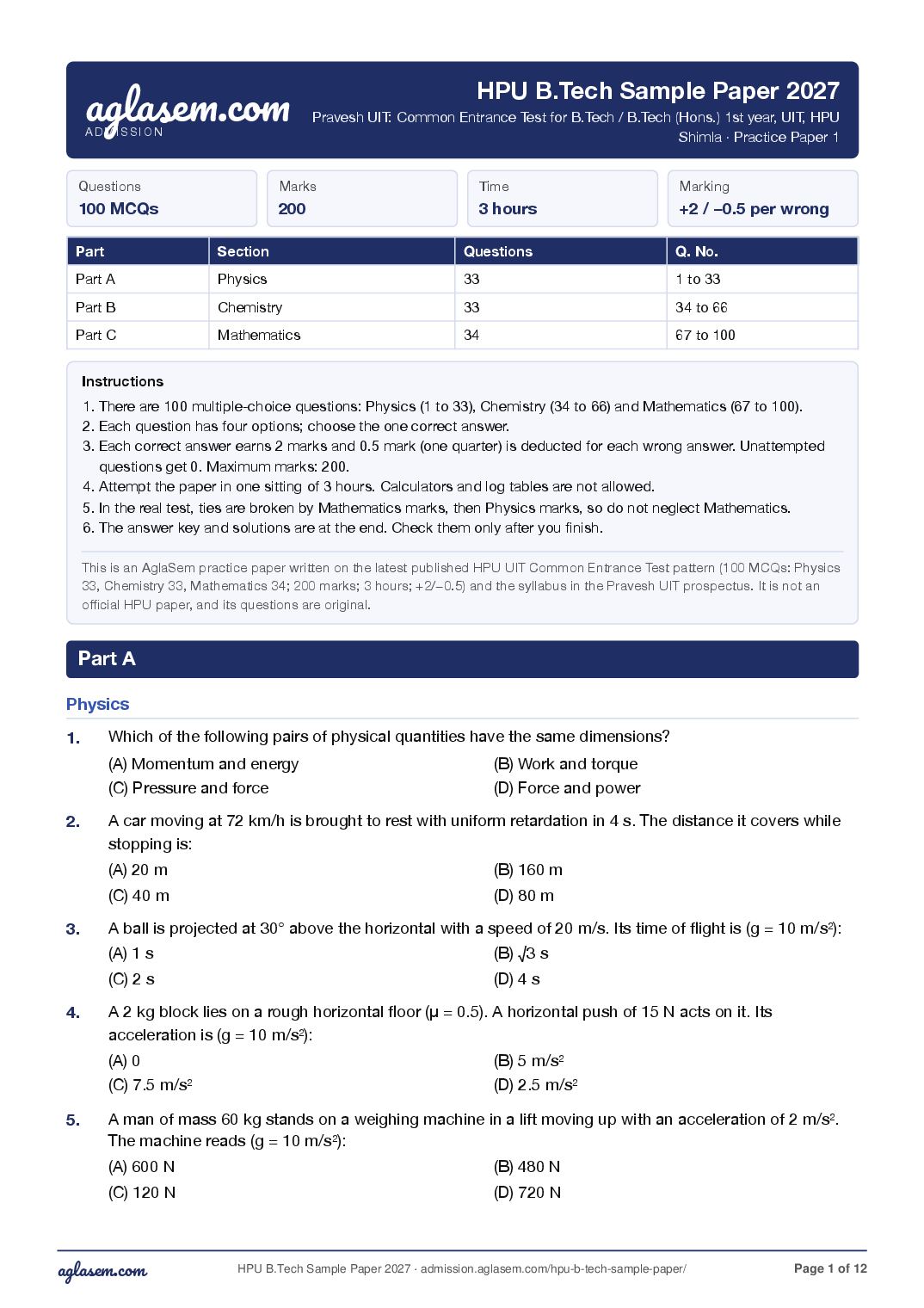 HPU B.Tech 2027 Sample Paper - Page 1 of 12