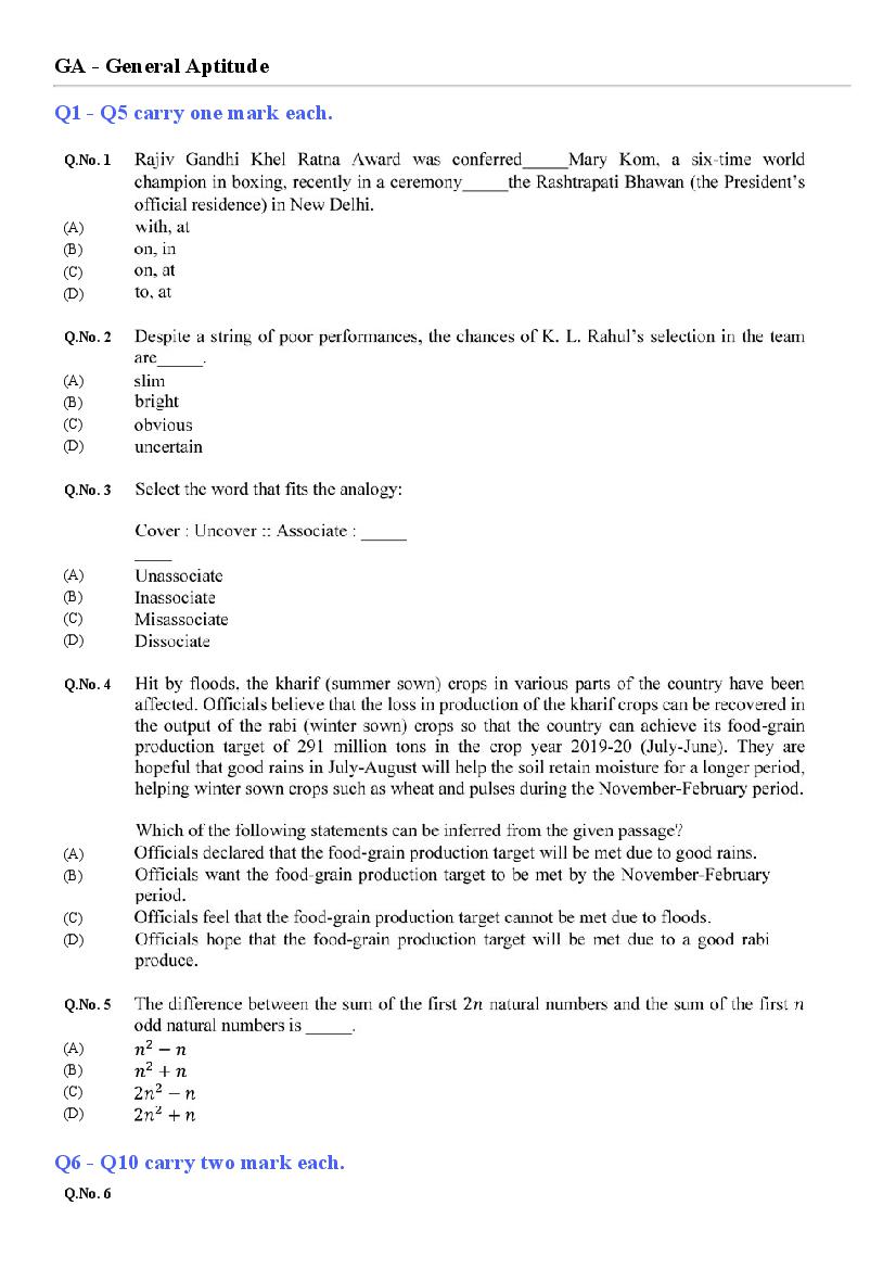 GATE 2020 Mathematics (MA) Question Paper with Answer Key - Page 1