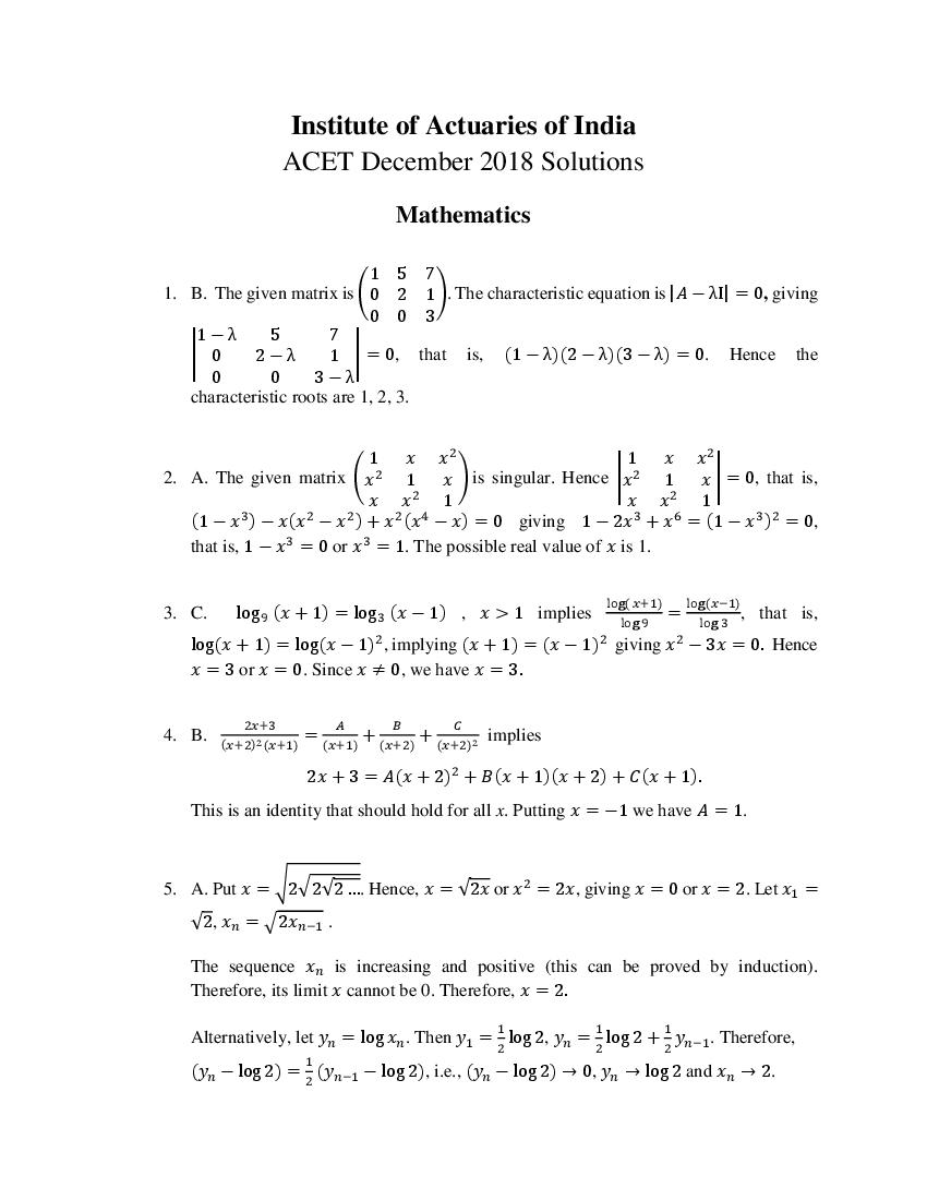 ACET 2018 Answer Key (Dec) - Page 1