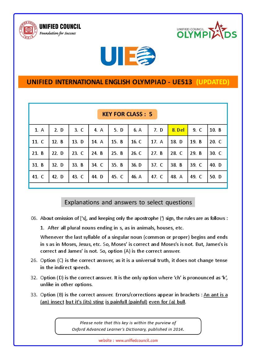 UIEO 2021 Revised Answer Key for Class 5 Code-UE513 - Page 1