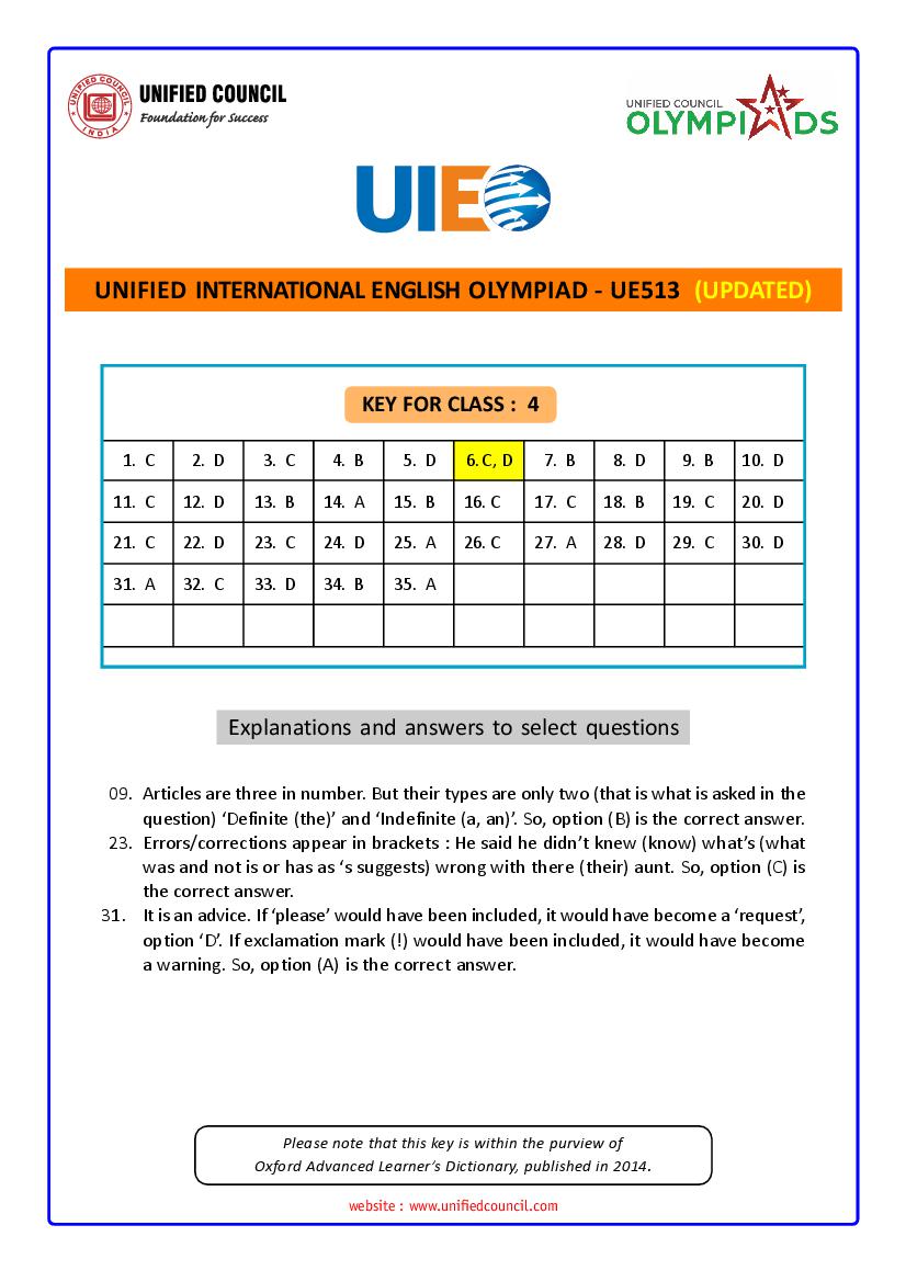 UIEO 2021 Revised Answer Key for Class 4 Code-UE513 - Page 1