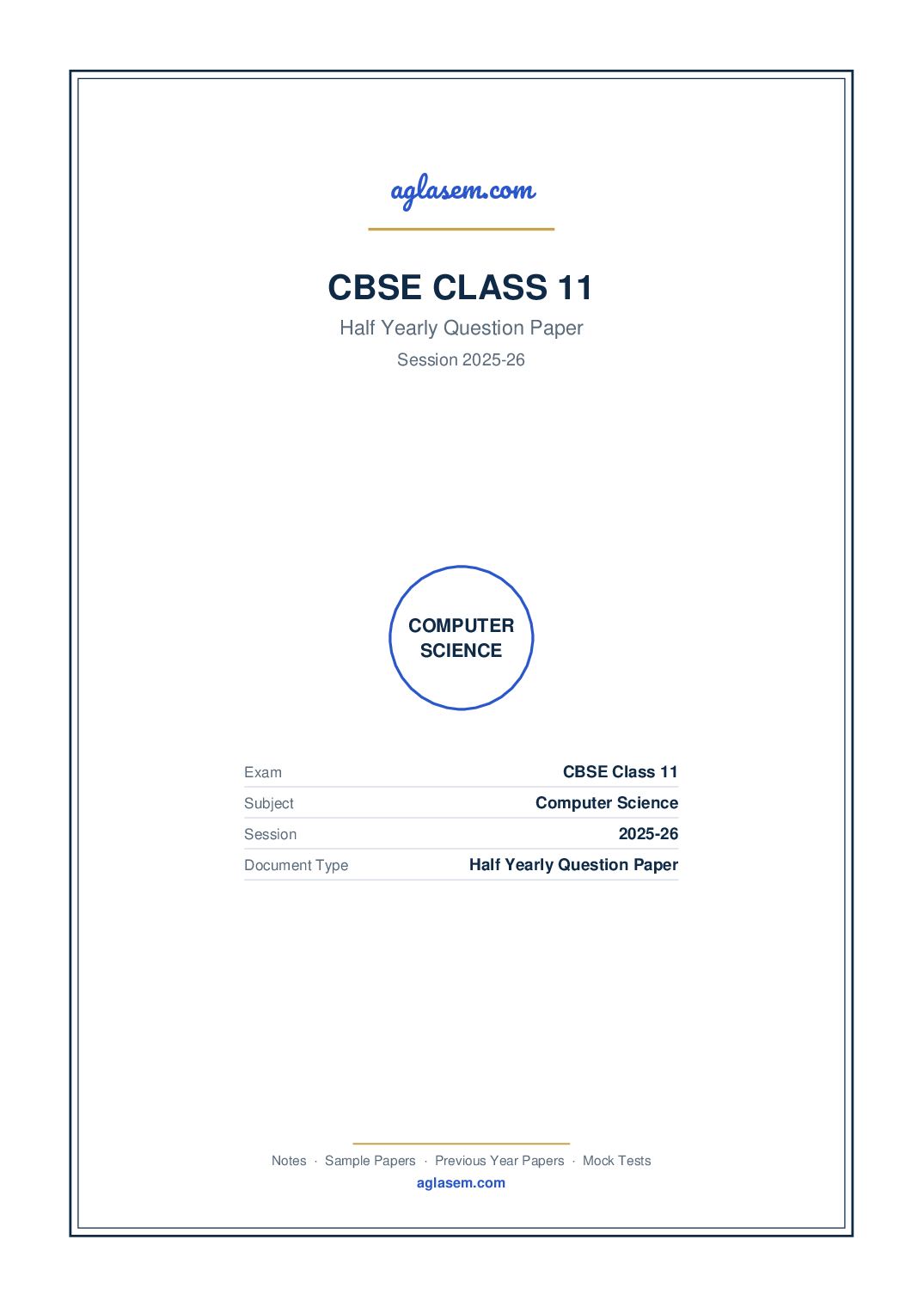 Class 11 Half Yearly Question Paper 2025-26 Computer Science - Page 1 of 7