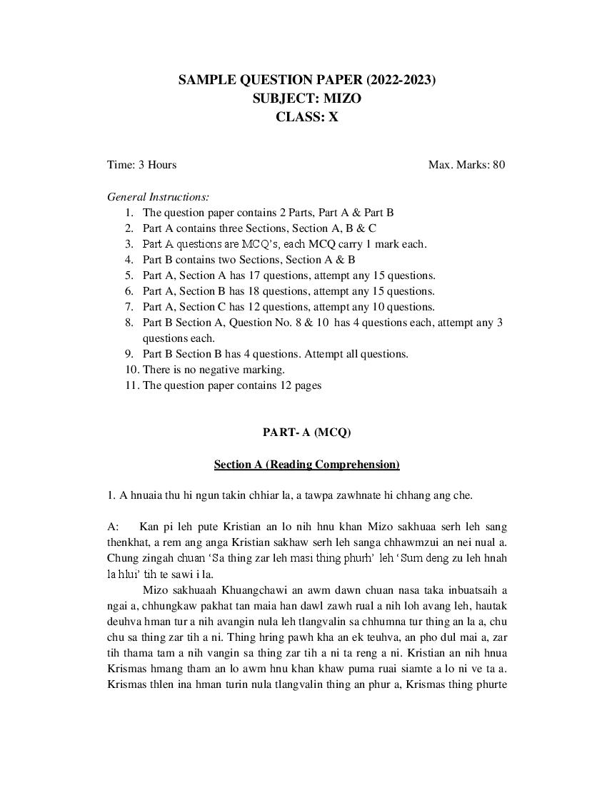 CBSE Class 10 Sample Paper 2023 for Mizo - Page 1