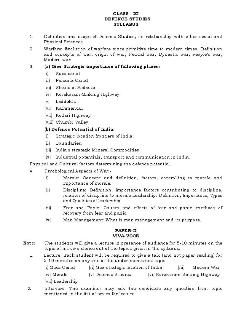 PSEB Syllabus 2021-22 for Class 11 Defence Studies - Page 1