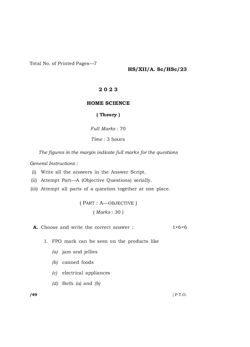MBOSE Class 12 Question Paper 2023 for Home Science - Page 1