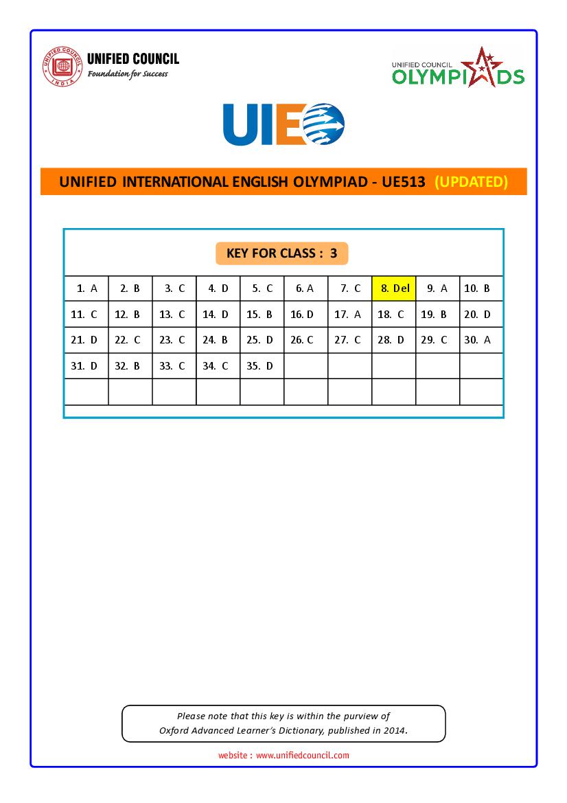 UIEO 2021 Revised Answer Key for Class 3 Code-UE513 - Page 1