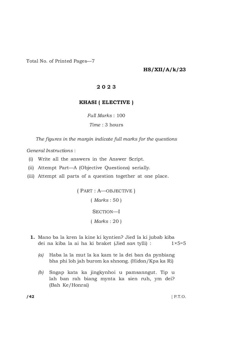 MBOSE Class 12 Question Paper 2023 for Khasi Elective - Page 1