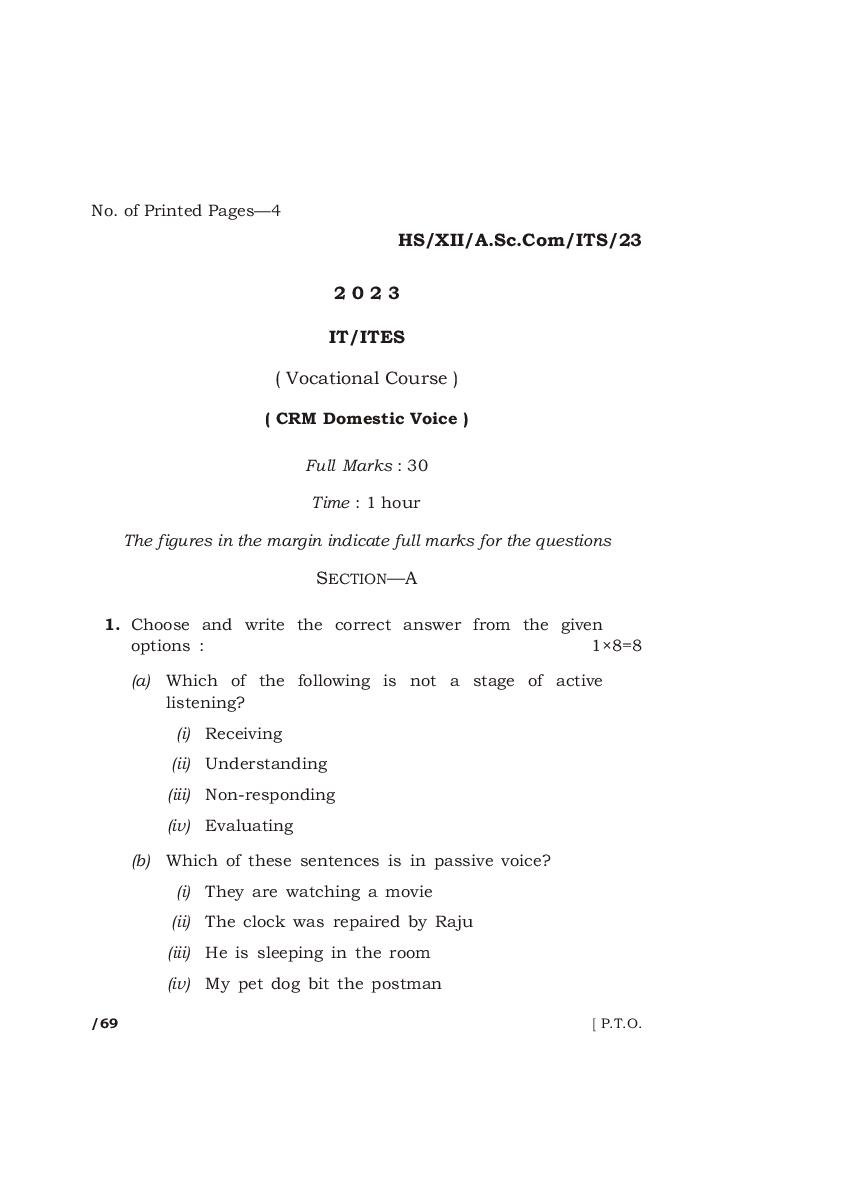 MBOSE Class 12 Question Paper 2023 for It Ites - Page 1