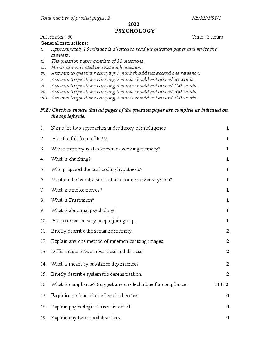 NBSE Class 12 Question Paper 2022 Psychology - Page 1