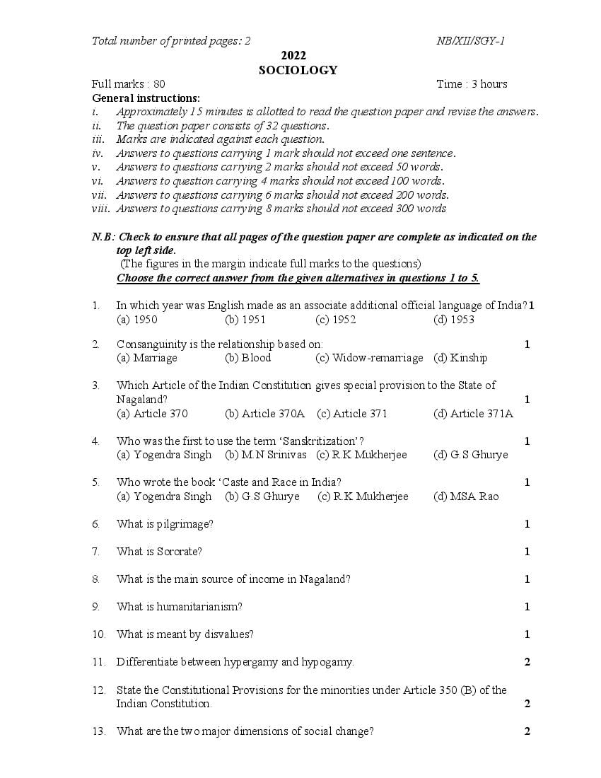 NBSE Class 12 Question Paper 2022 Sociology - Page 1