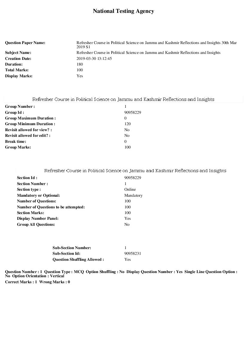 ARPIT 2019 Question Paper for Refresher Course in Political Science on Jammu and Kashmir Reflections and Insights Shift 1 - Page 1 of 39