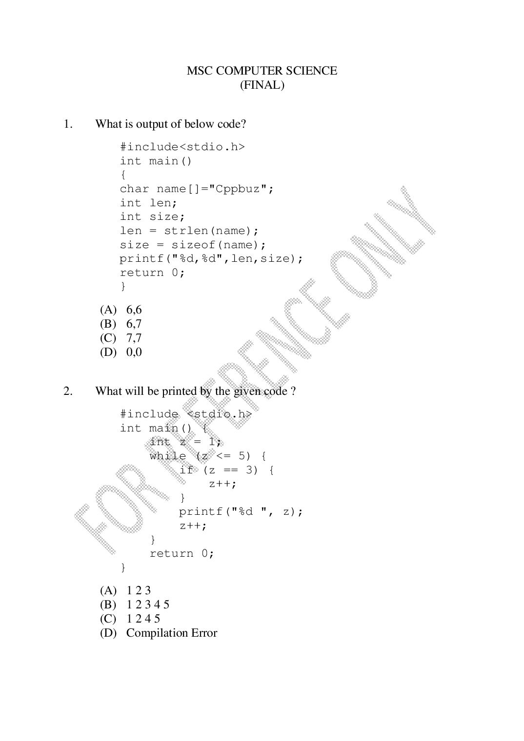 CUSAT CAT 2025 Question Paper MSc Computer Science - Page 1 of 41