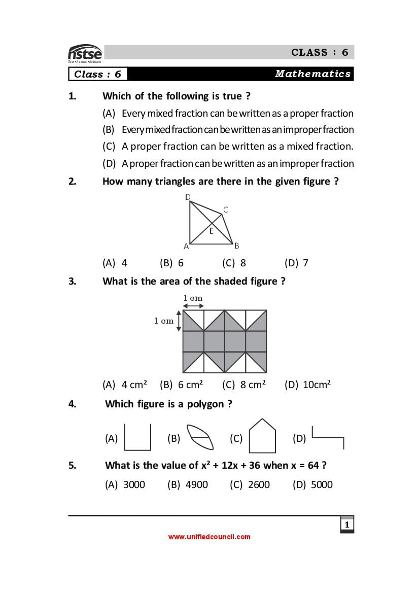 NSTSE Sample Paper Class 6 - Page 1