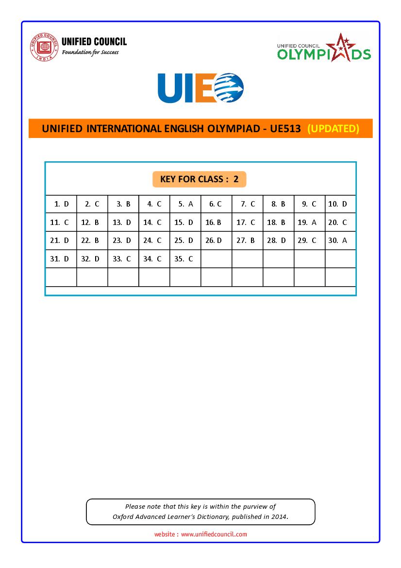 UIEO 2021 Revised Answer Key for Class 2 Code-UE513 - Page 1