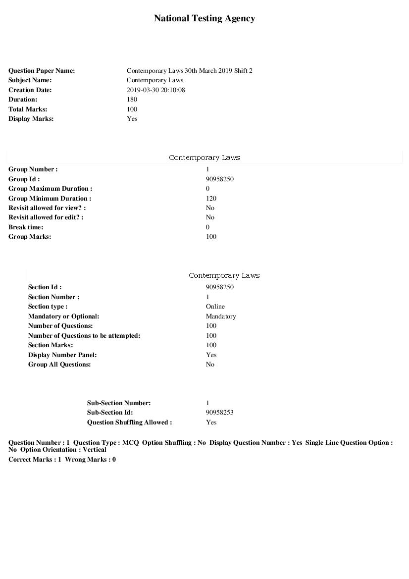 ARPIT 2019 Question Paper for Contemporary Laws Shift 2 - Page 1