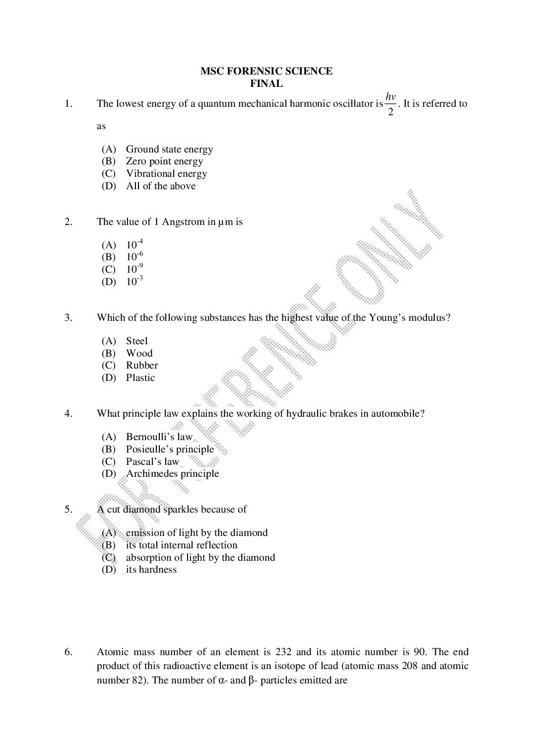 CUSAT CAT 2025 Question Paper MSc Forensic Science - Page 1 of 28