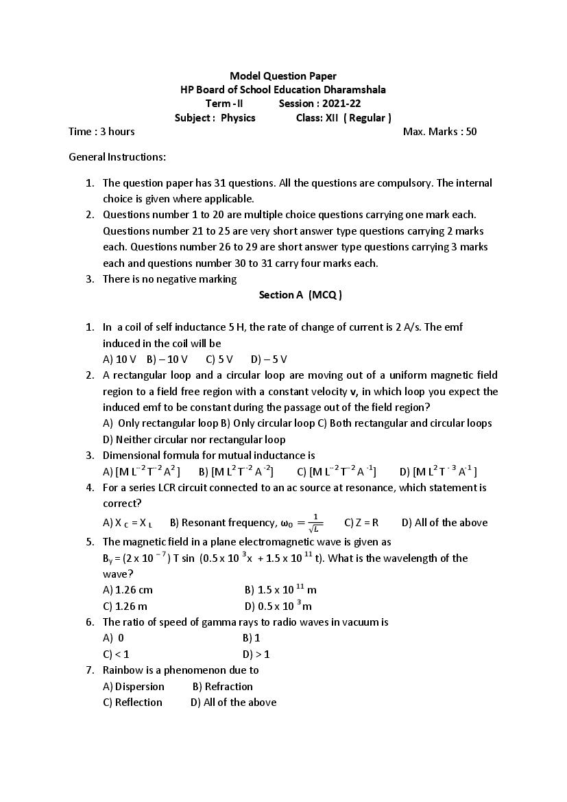 HP Board Class 12 Model Question Paper 2022 Physics Term 2 - Page 1