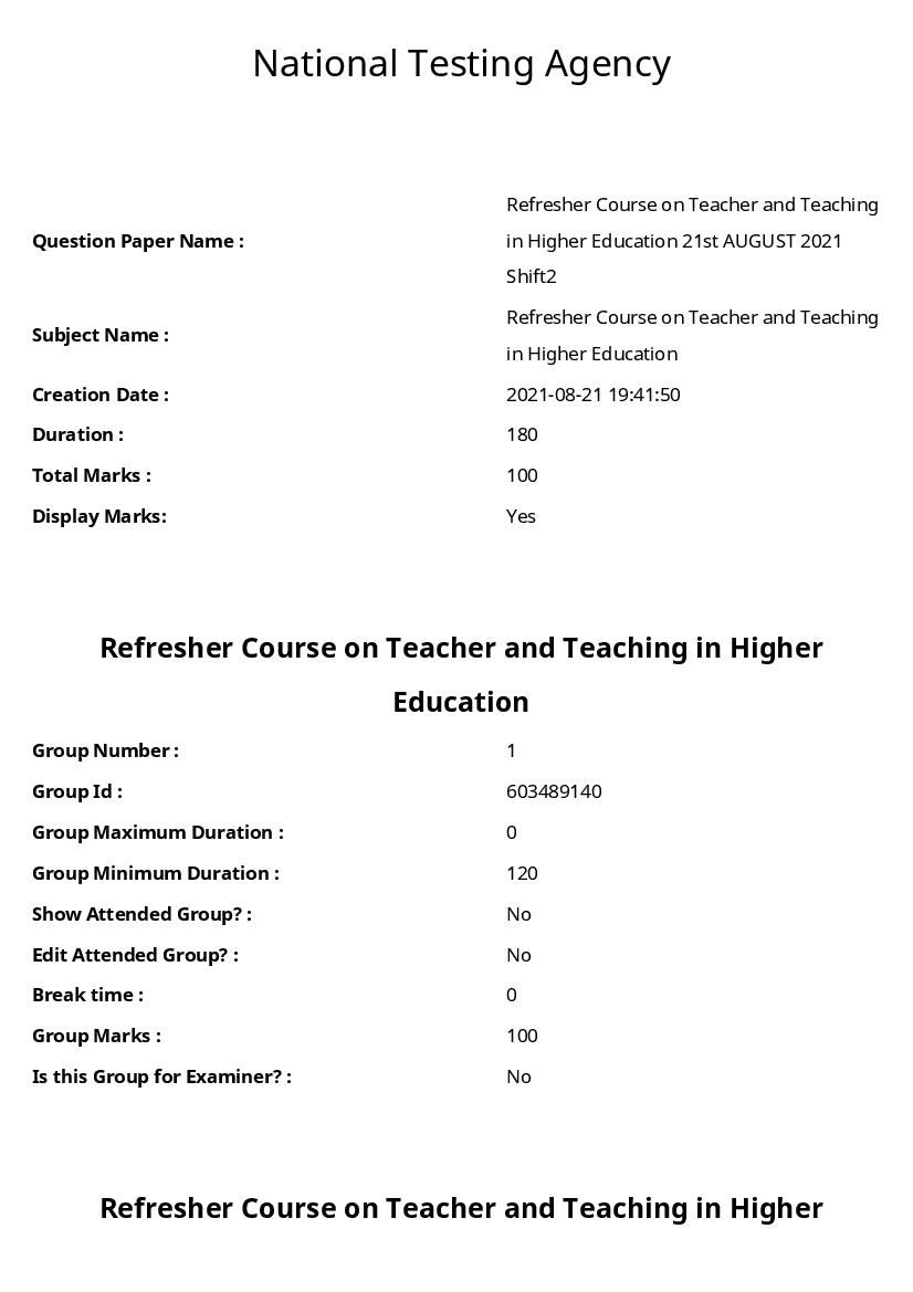 ARPIT 2021 Question Paper for Refresher Course on Teacher and Teaching in Higher Education - Page 1 of 52