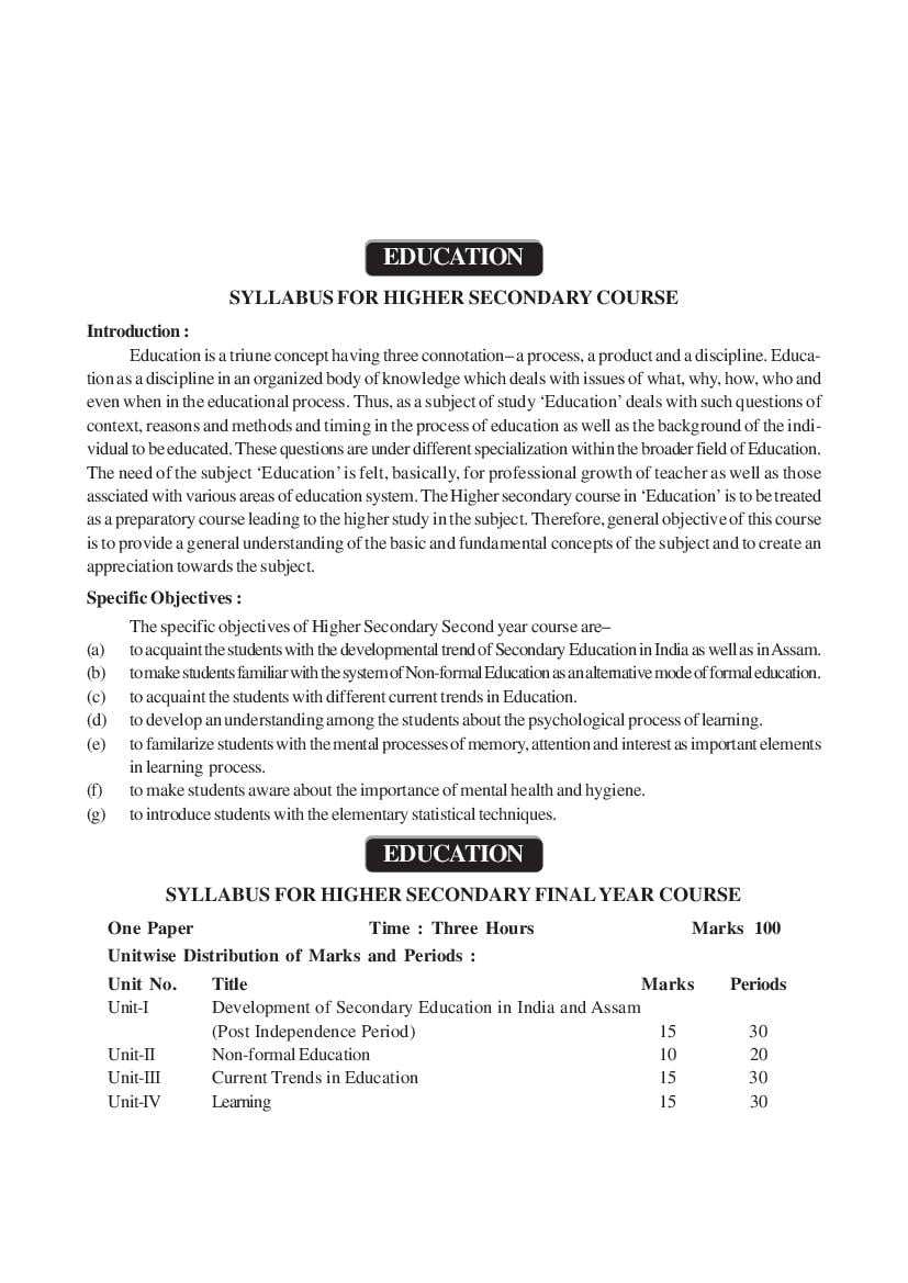AHSEC 2nd Year Syllabus 2024 Education - Page 1