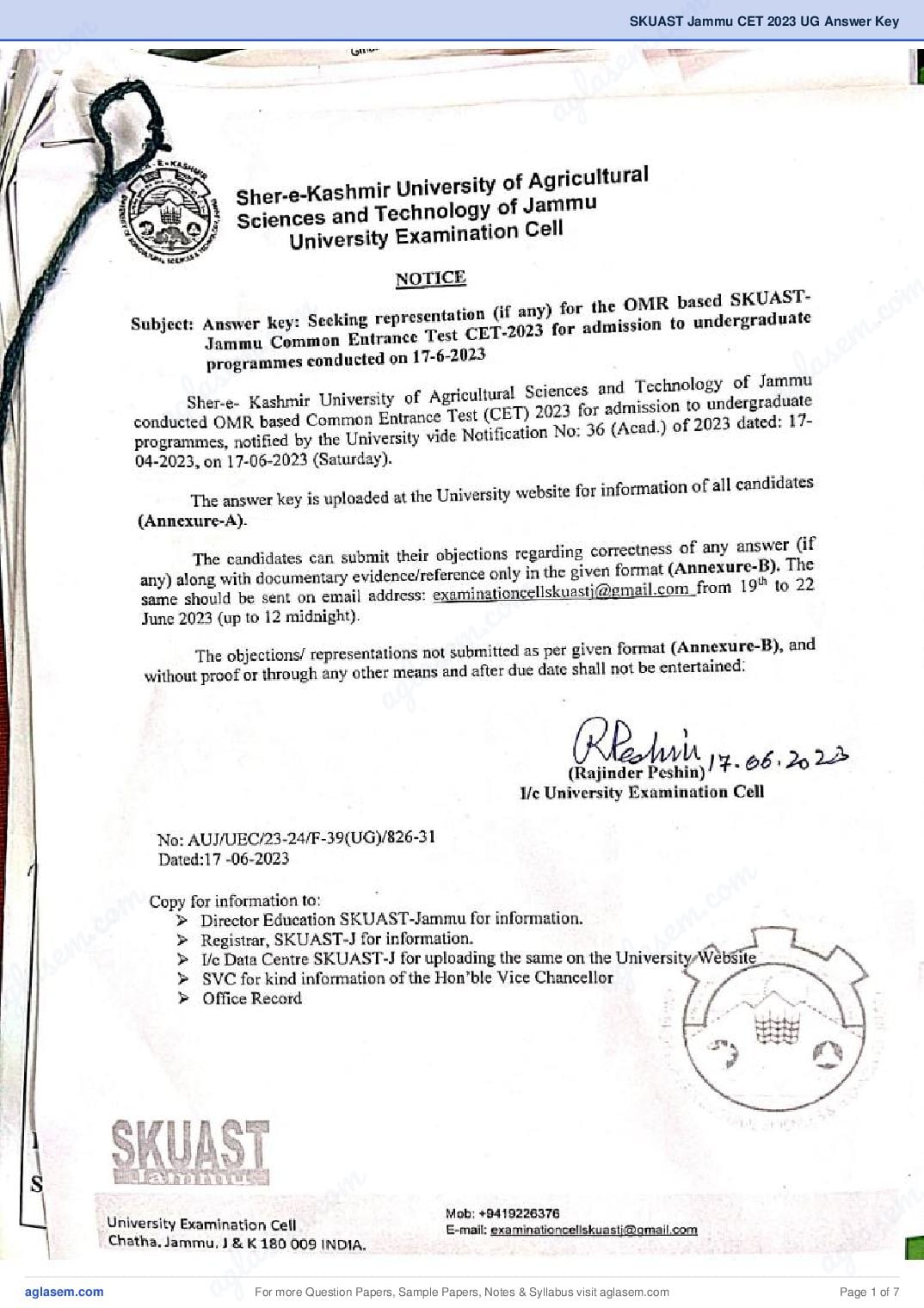 SKUAST Jammu CET 2023 UG Answer Key - Page 1 of 7