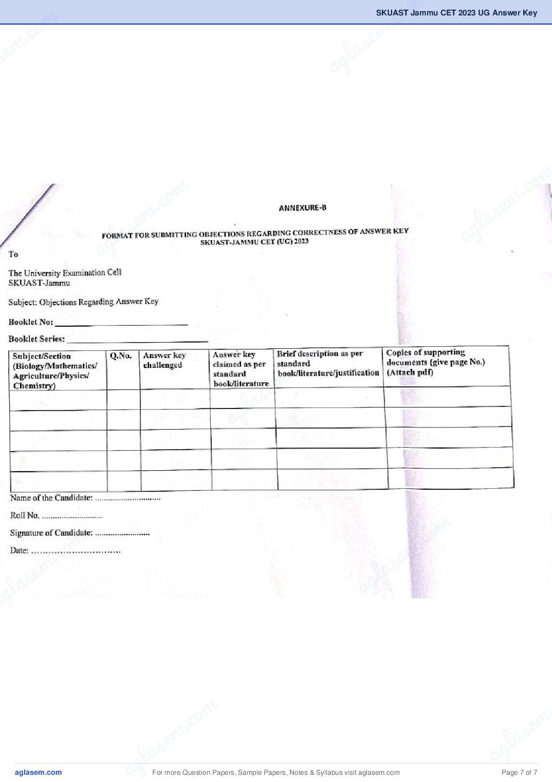SKUAST Jammu CET 2023 Answer Key PDF