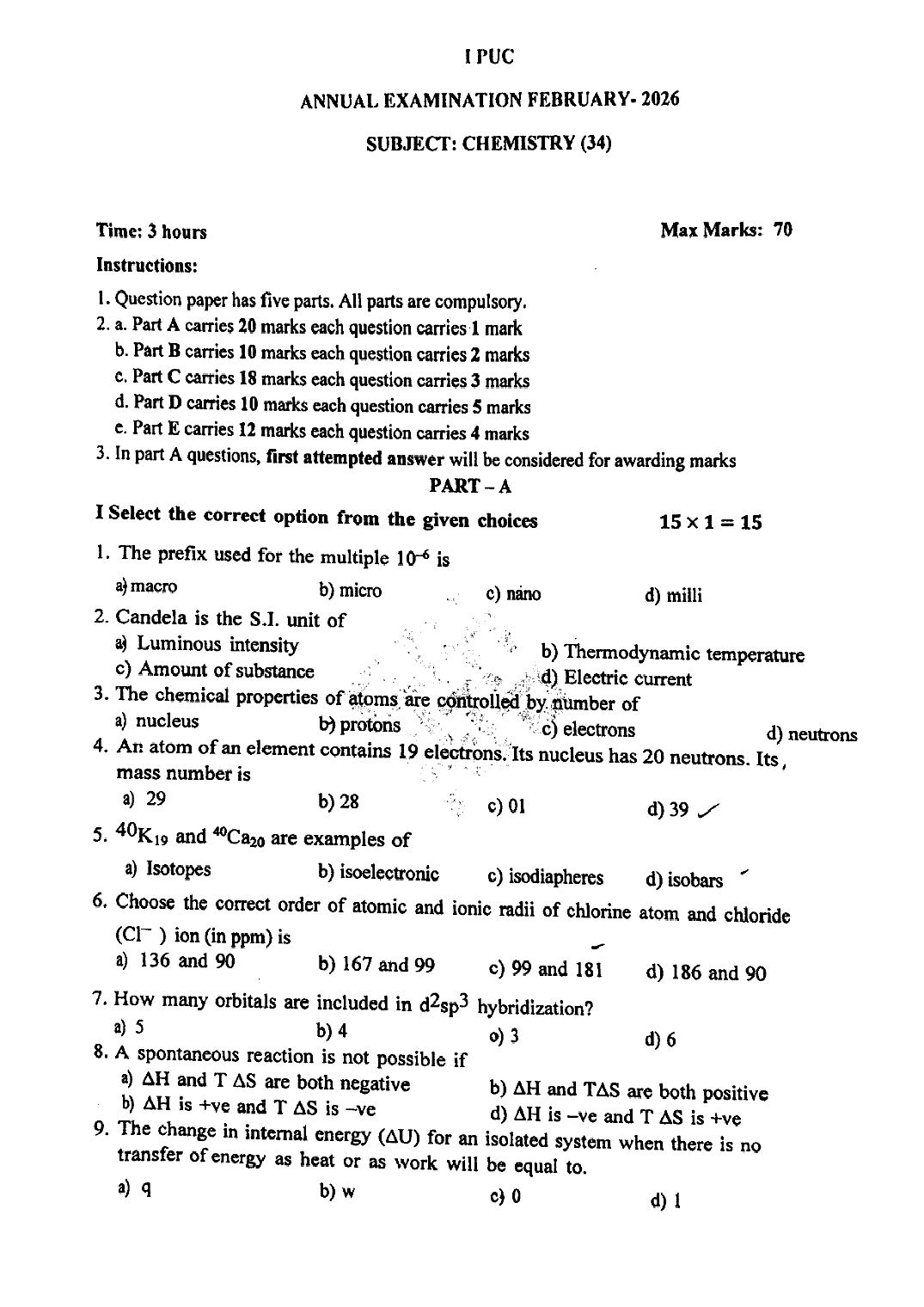Karnataka 1st PUC Question Paper 2026 Chemistry - Page 1 of 4