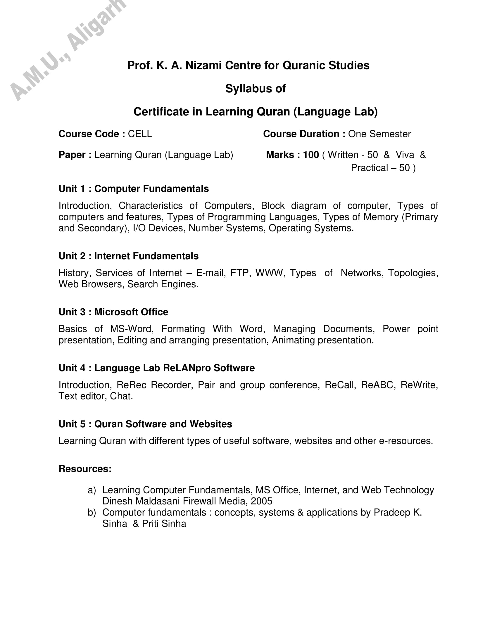 AMU Entrance Exam Syllabus for Certificate in Learning Quran (Language Lab) - Page 1