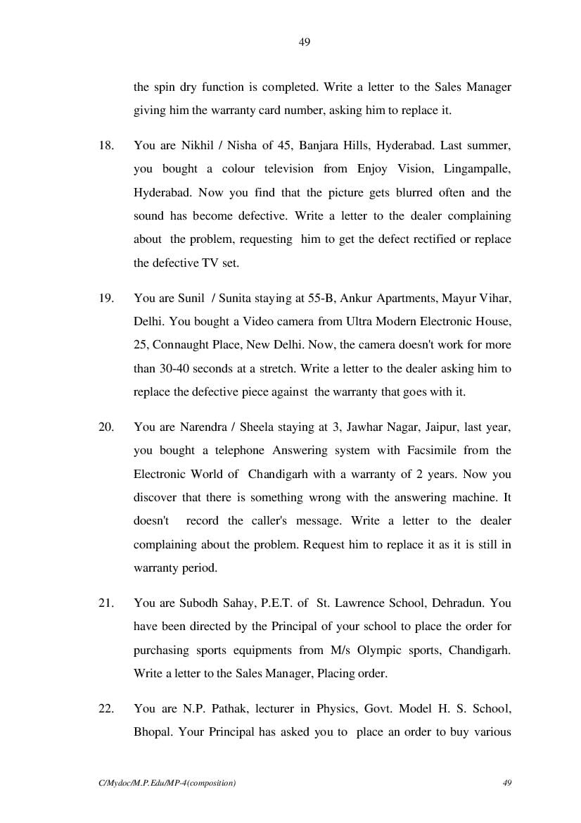 MP Board Class 11 English (General) Question Bank (PDF) – Important Questions