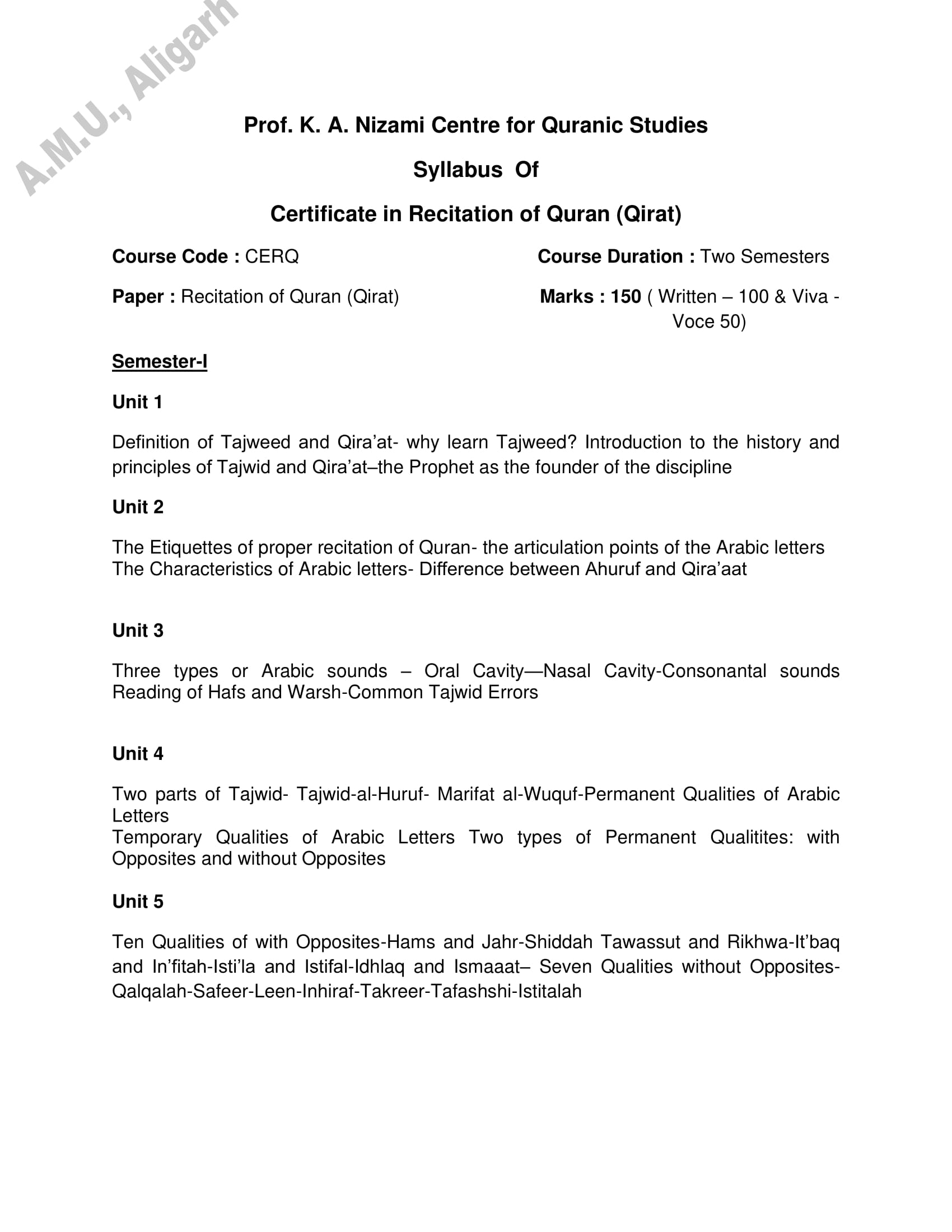 AMU Entrance Exam Syllabus for Certificate in Recitation of Quran (Qirat) - Page 1