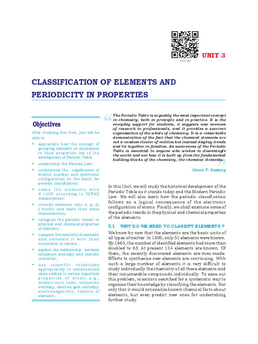 NCERT Book Class 11 Chemistry Chapter 3 Classification of Elements and Periodicity in Properties - Page 1