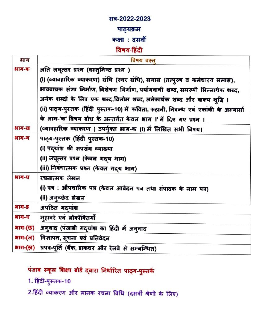 PSEB 10th Class Syllabus 2023 Hindi - Page 1